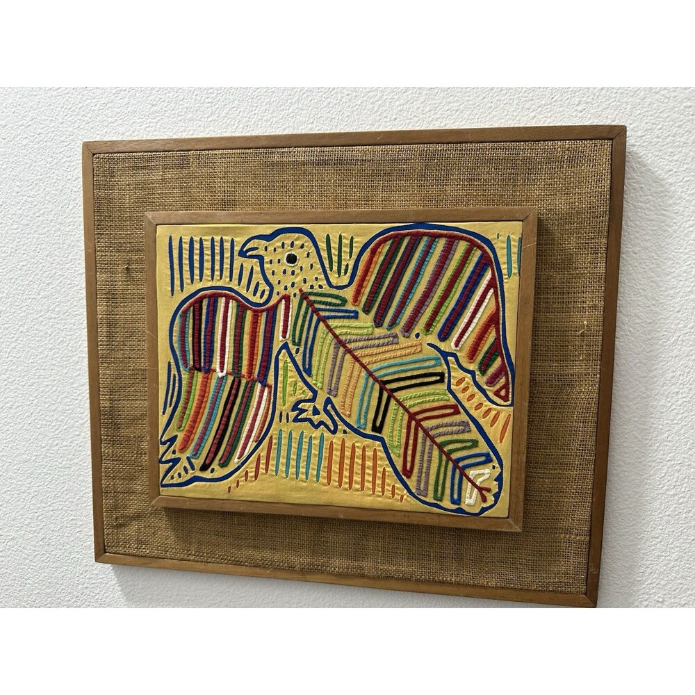 Kuna Mola Textile Folk Art Bird Framed Panama MCM Wall Art